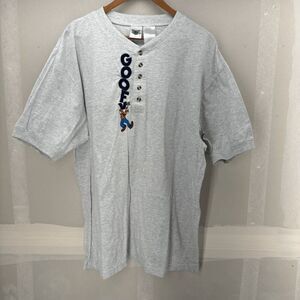 Vintage Disney Goofy Spell Out Fall Off Embroidered Henley Large Shirt in Gray